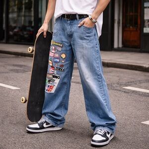 Vintage 90s Parasuco Wide Leg Jeans with Racing Patches | Y2K Statement Denim